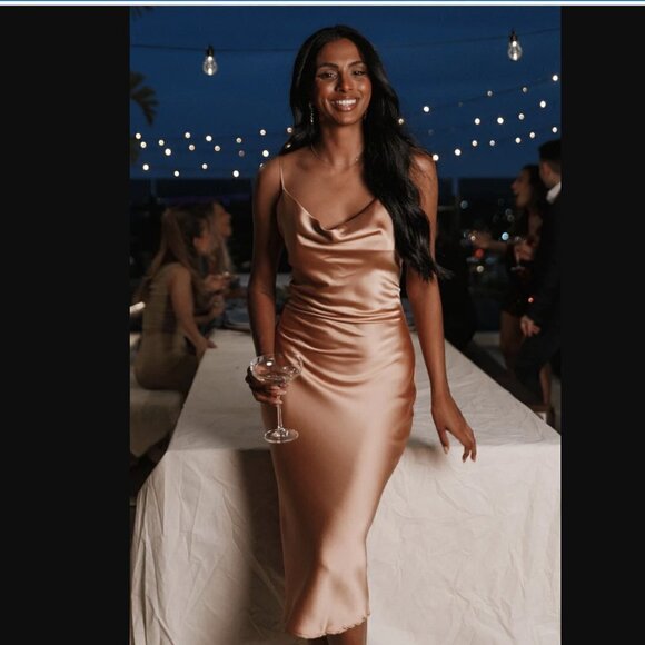 Petal & Pup Persia Gold Satin Midi Cowl Neck Slip Dress 8 - Picture 1 of 14